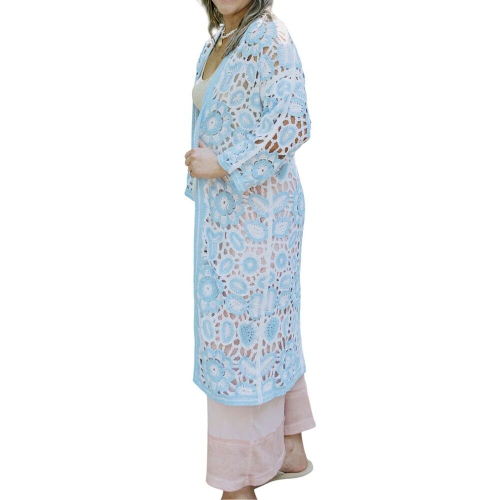 POL Blue Crochet Duster Cardigan Boho Kimono Open Knit Lace Patchwork Floral NEW - Picture 15 of 16